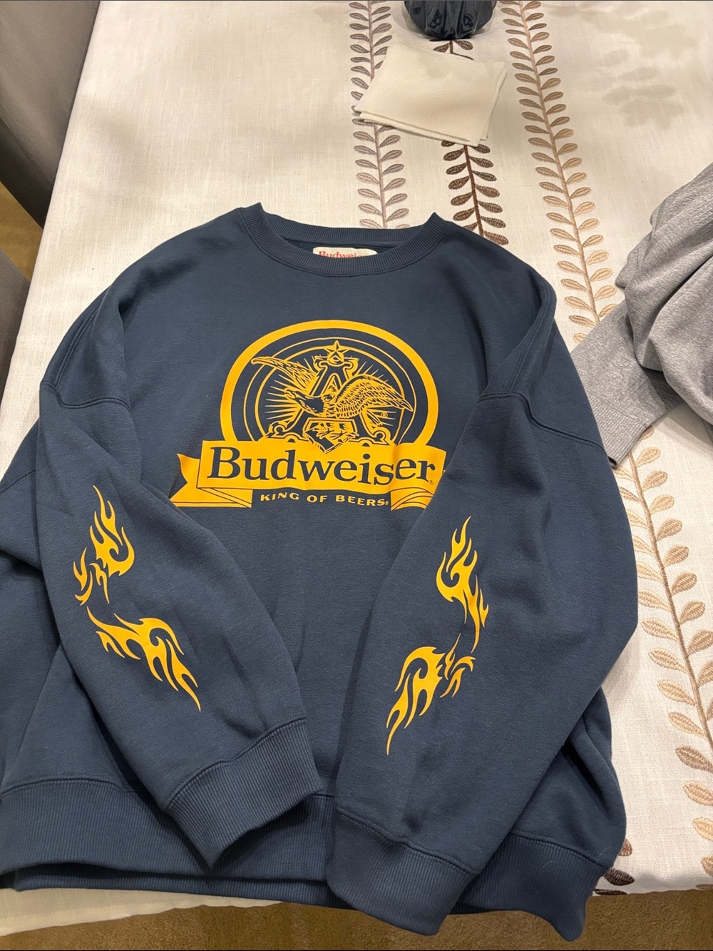 Budweiser Navy Crewneck Sweatshirt with Yellow Logo and Sleeve Flames Pacsun
